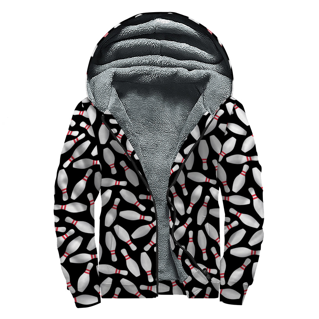 Black Bowling Pins Pattern Print Sherpa Lined Zip Up Hoodie