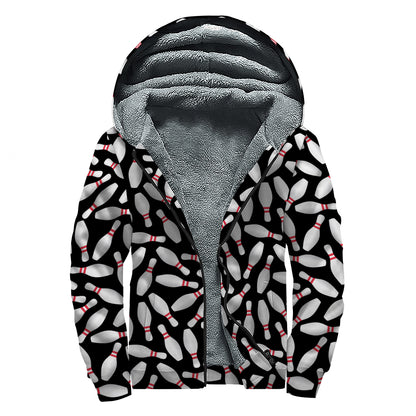 Black Bowling Pins Pattern Print Sherpa Lined Zip Up Hoodie