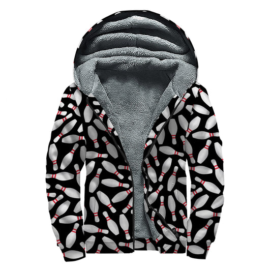 Black Bowling Pins Pattern Print Sherpa Lined Zip Up Hoodie