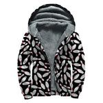 Black Bowling Pins Pattern Print Sherpa Lined Zip Up Hoodie