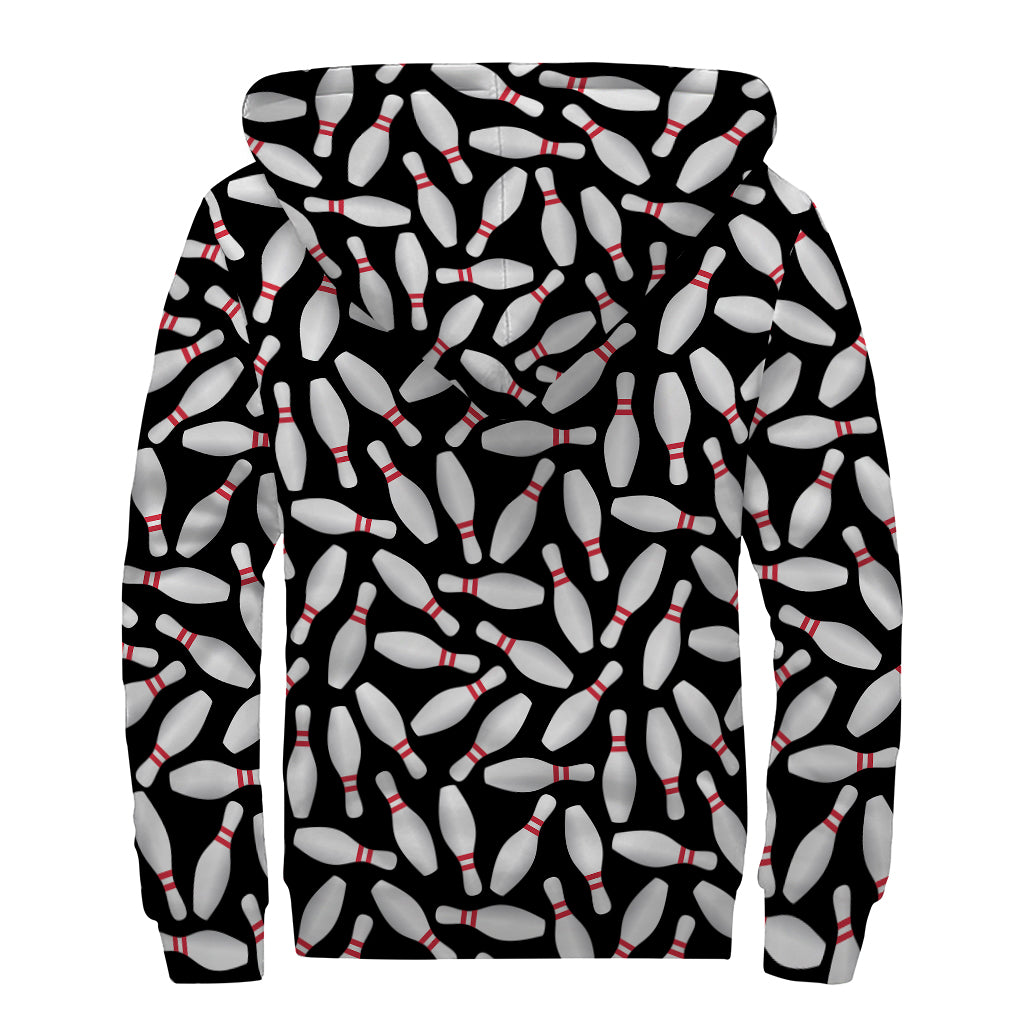 Black Bowling Pins Pattern Print Sherpa Lined Zip Up Hoodie