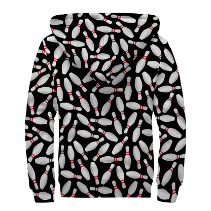 Black Bowling Pins Pattern Print Sherpa Lined Zip Up Hoodie