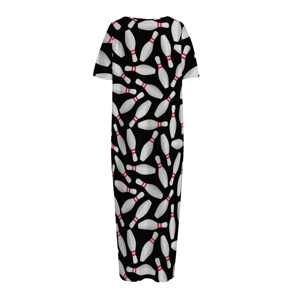 Black Bowling Pins Pattern Print Short Sleeve Long Nightdress