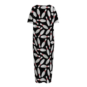 Black Bowling Pins Pattern Print Short Sleeve Long Nightdress