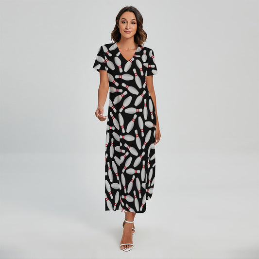 Black Bowling Pins Pattern Print Short Sleeve Maxi Dress