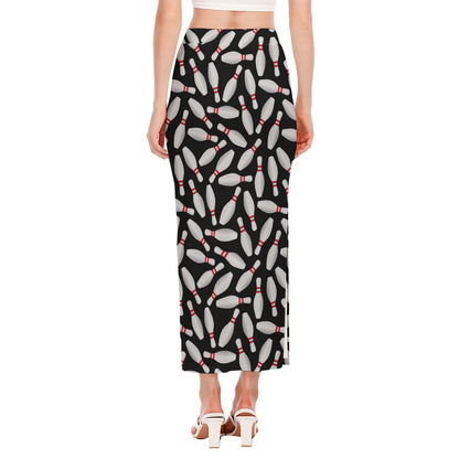 Black Bowling Pins Pattern Print Side Slit Maxi Skirt