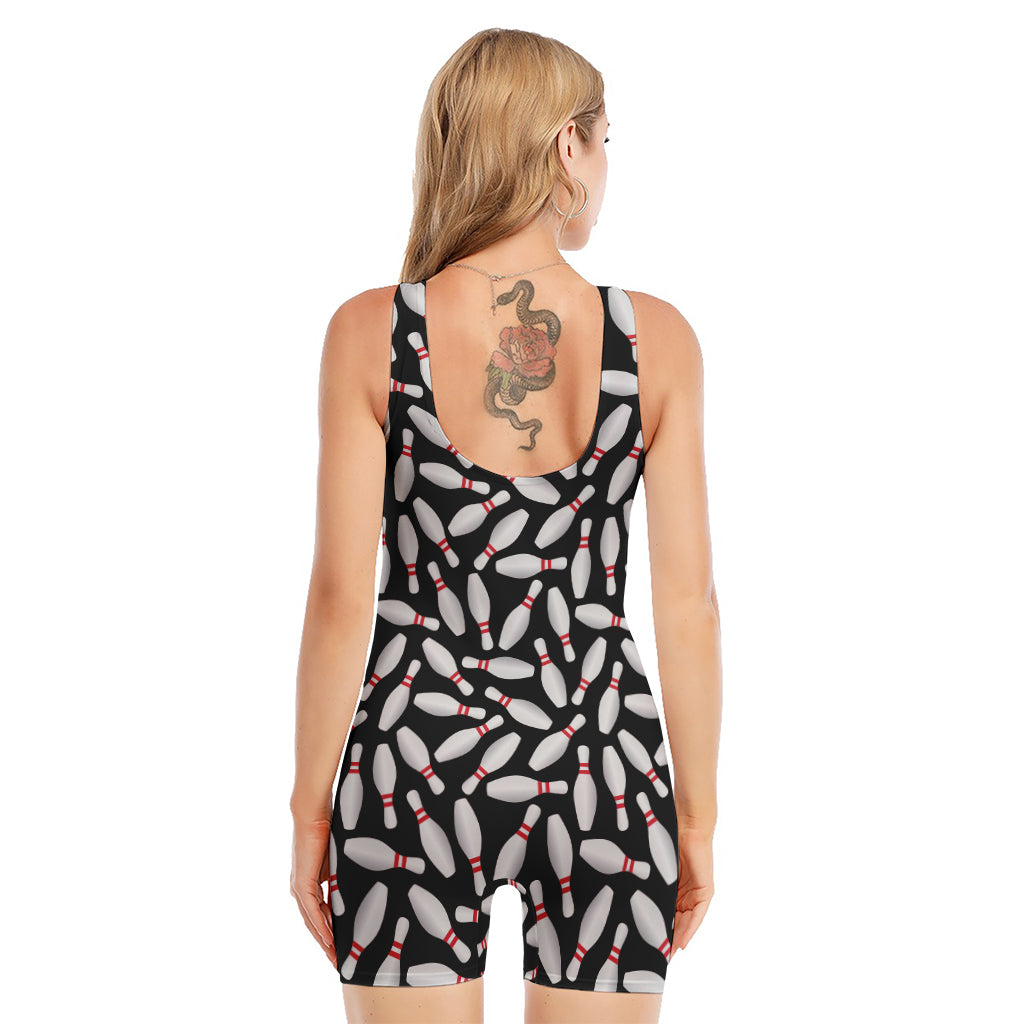 Black Bowling Pins Pattern Print Sleeveless One Piece Swimsuit