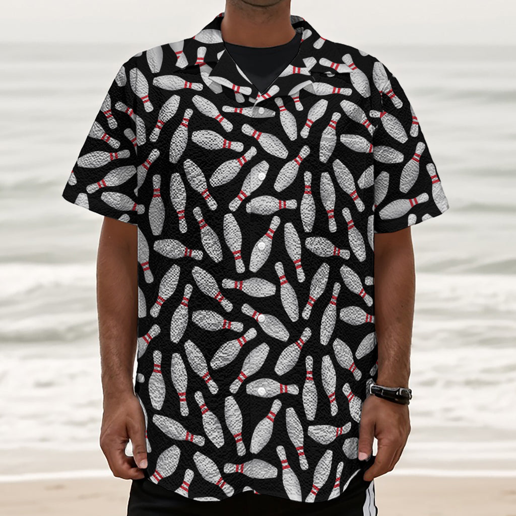Black Bowling Pins Pattern Print Textured Short Sleeve Shirt