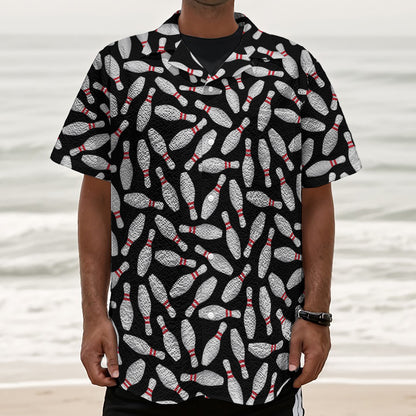 Black Bowling Pins Pattern Print Textured Short Sleeve Shirt