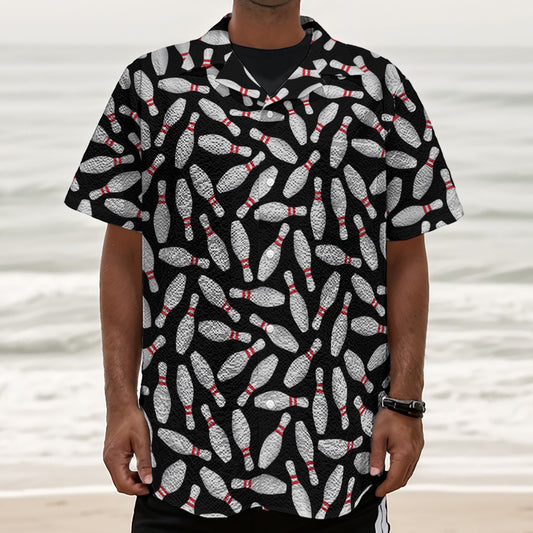 Black Bowling Pins Pattern Print Textured Short Sleeve Shirt