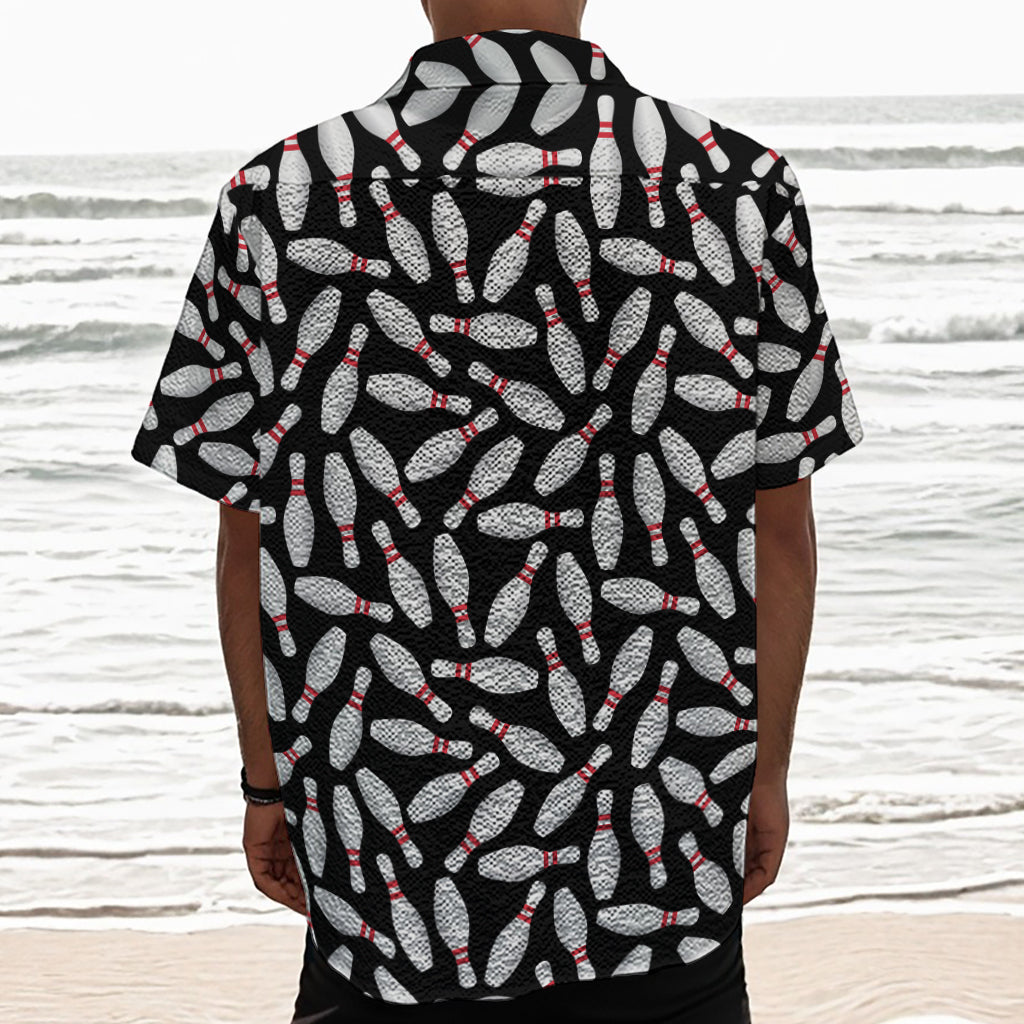 Black Bowling Pins Pattern Print Textured Short Sleeve Shirt