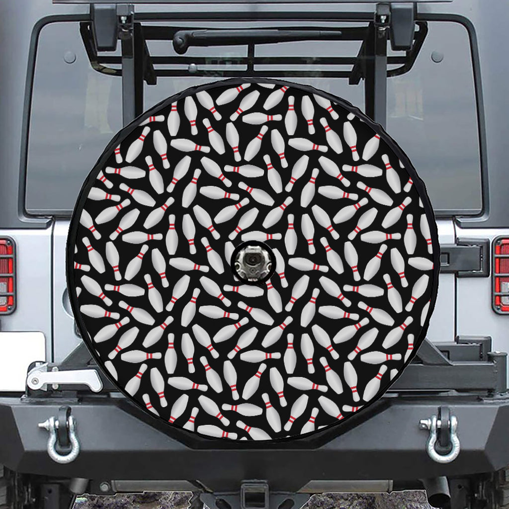 Black Bowling Pins Pattern Print Tire Cover With Camera Hole