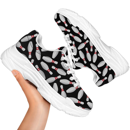 Black Bowling Pins Pattern Print White Chunky Shoes