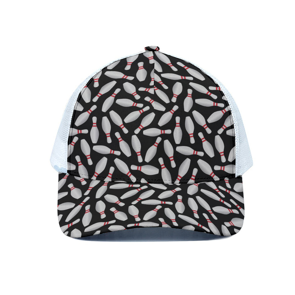 Black Bowling Pins Pattern Print White Mesh Trucker Cap