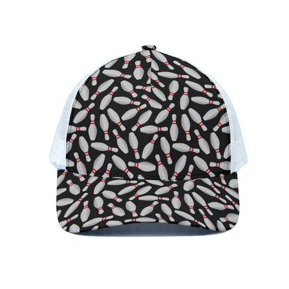 Black Bowling Pins Pattern Print White Mesh Trucker Cap