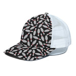 Black Bowling Pins Pattern Print White Mesh Trucker Cap