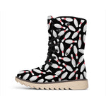 Black Bowling Pins Pattern Print Winter Boots