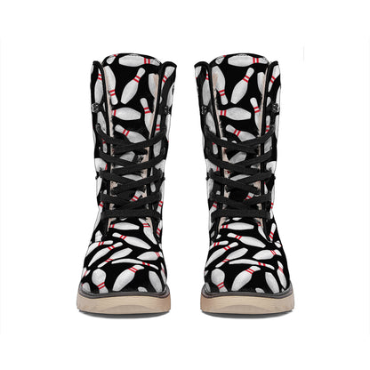 Black Bowling Pins Pattern Print Winter Boots