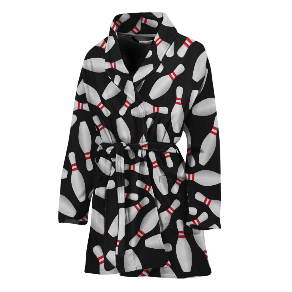 Black Bowling Pins Pattern Print Women's Bathrobe