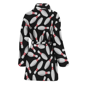 Black Bowling Pins Pattern Print Women's Bathrobe