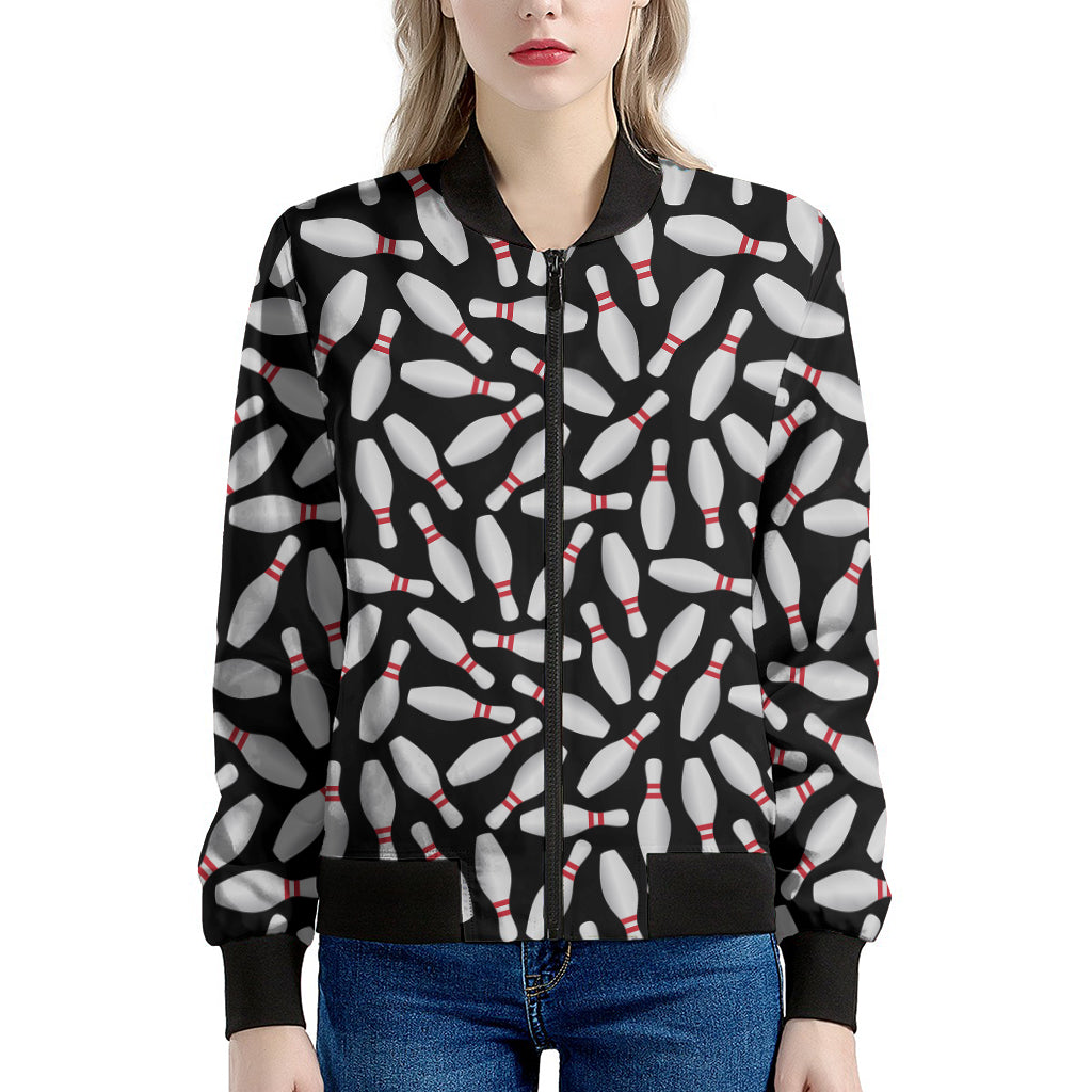 Black Bowling Pins Pattern Print Women's Bomber Jacket