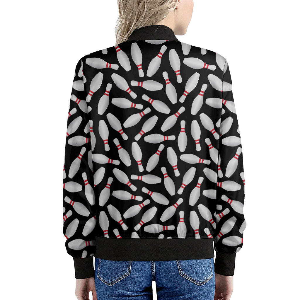 Black Bowling Pins Pattern Print Women's Bomber Jacket