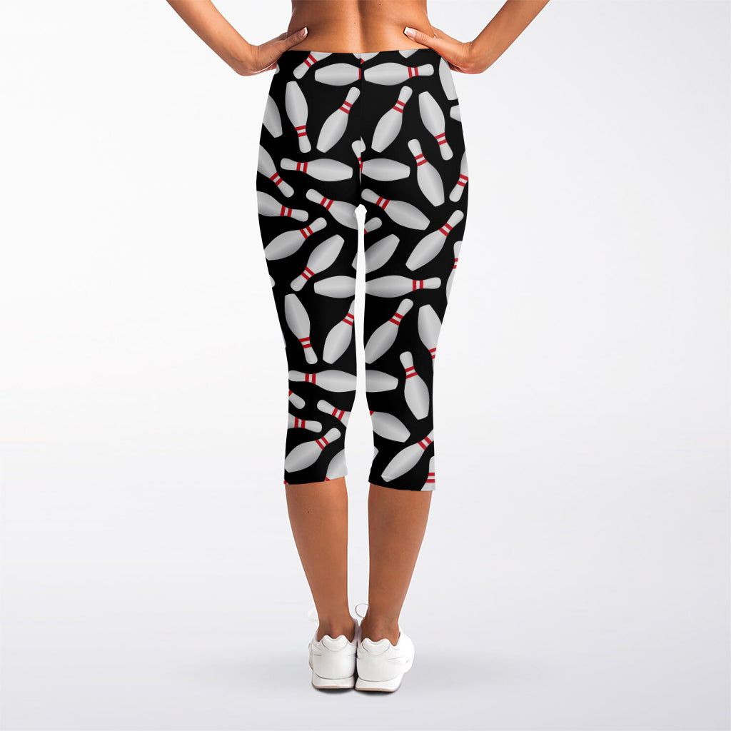 Black Bowling Pins Pattern Print Women's Capri Leggings
