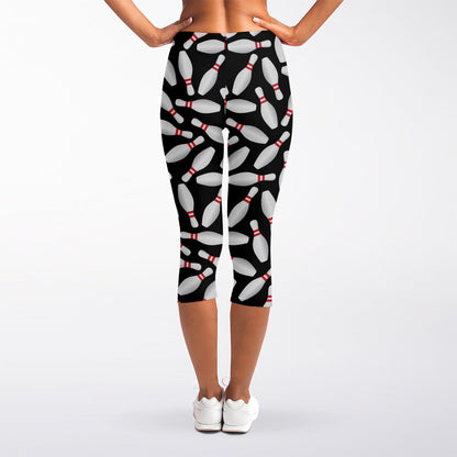 Black Bowling Pins Pattern Print Women's Capri Leggings