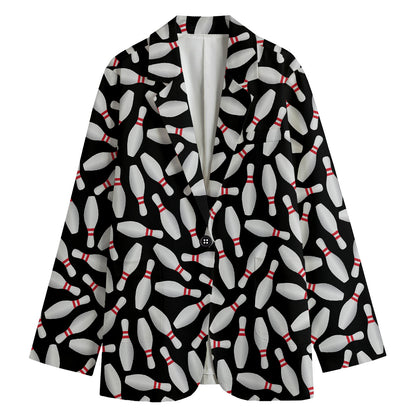 Black Bowling Pins Pattern Print Women's Cotton Blazer