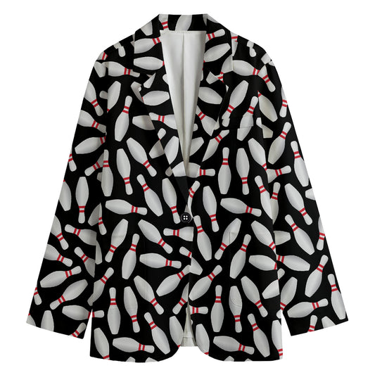 Black Bowling Pins Pattern Print Women's Cotton Blazer