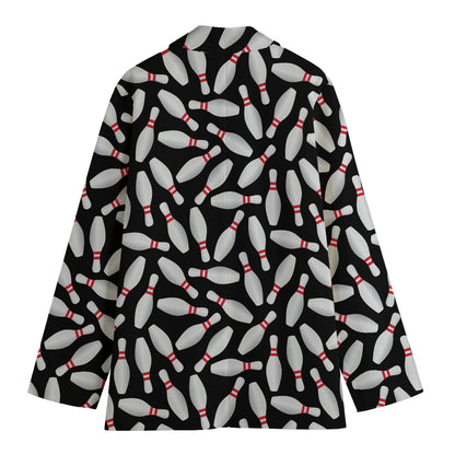 Black Bowling Pins Pattern Print Women's Cotton Blazer