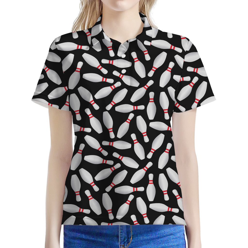 Black Bowling Pins Pattern Print Women's Polo Shirt