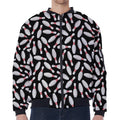 Black Bowling Pins Pattern Print Zip Sleeve Bomber Jacket