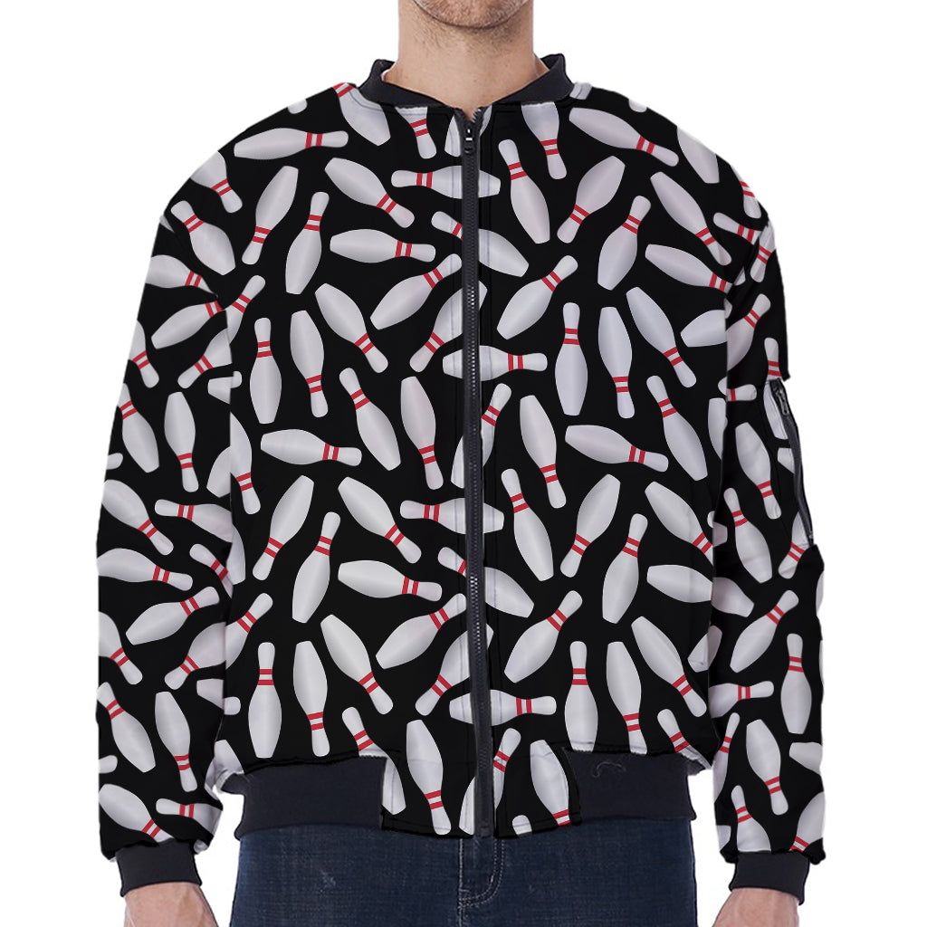Black Bowling Pins Pattern Print Zip Sleeve Bomber Jacket