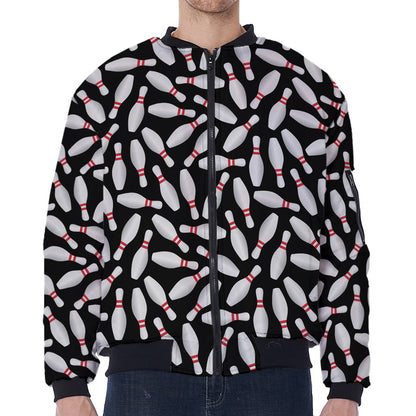 Black Bowling Pins Pattern Print Zip Sleeve Bomber Jacket