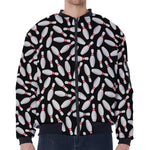 Black Bowling Pins Pattern Print Zip Sleeve Bomber Jacket