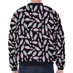 Black Bowling Pins Pattern Print Zip Sleeve Bomber Jacket