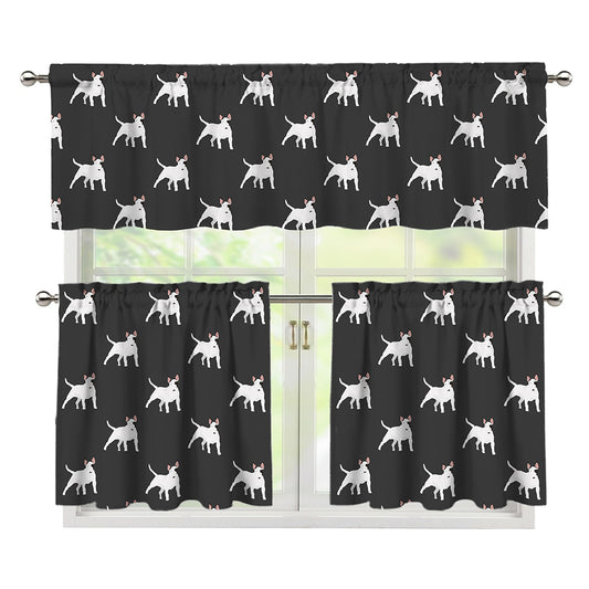 Black Bull Terrier Pattern Print 3 Piece Kitchen Curtains