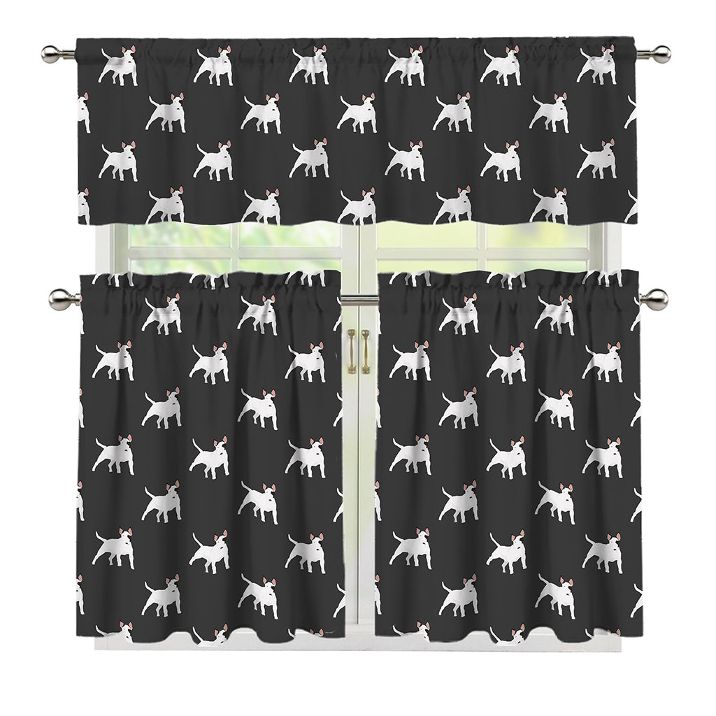 Black Bull Terrier Pattern Print 3 Piece Kitchen Curtains