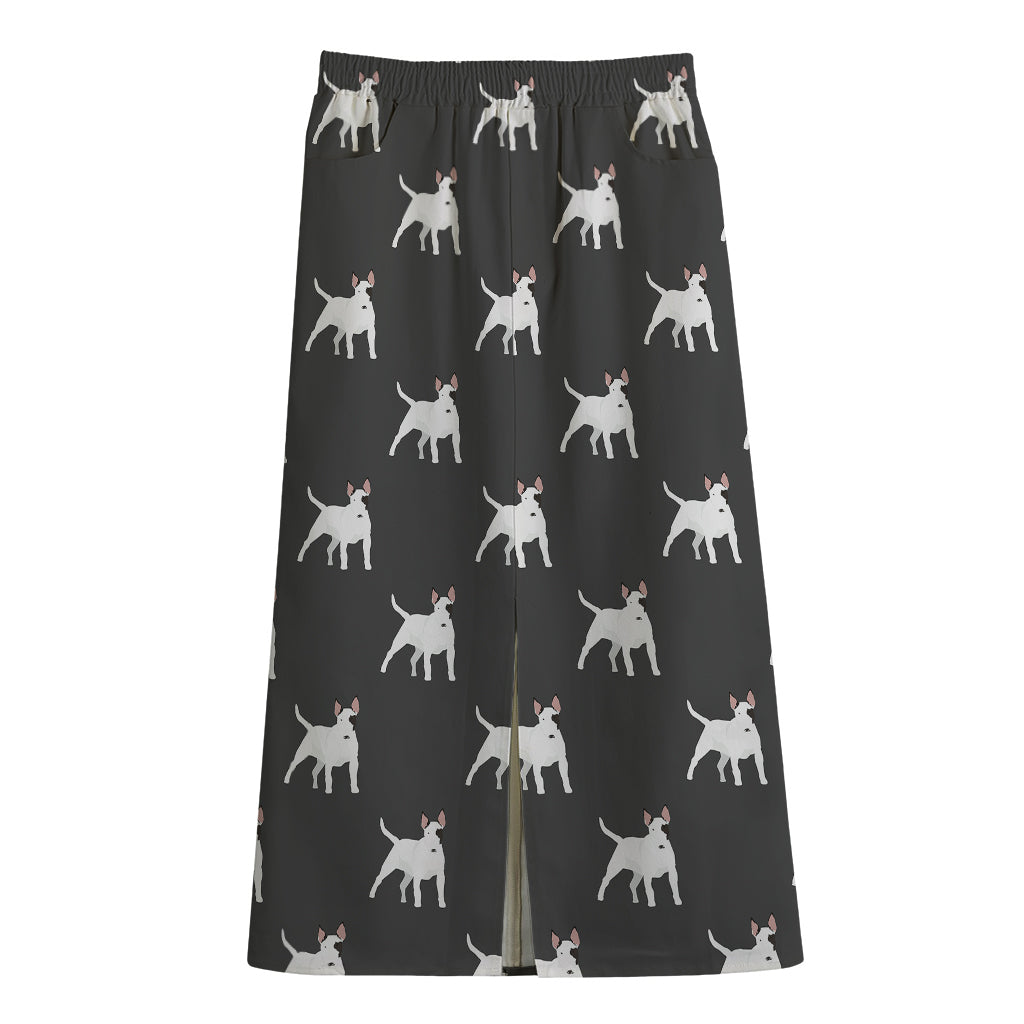 Black Bull Terrier Pattern Print Cotton Front Slit Maxi Skirt