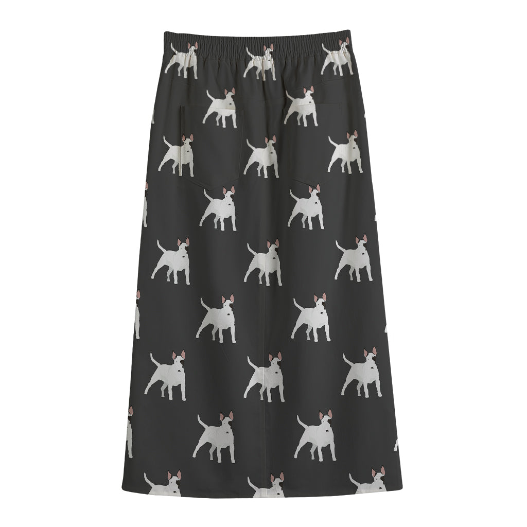 Black Bull Terrier Pattern Print Cotton Front Slit Maxi Skirt