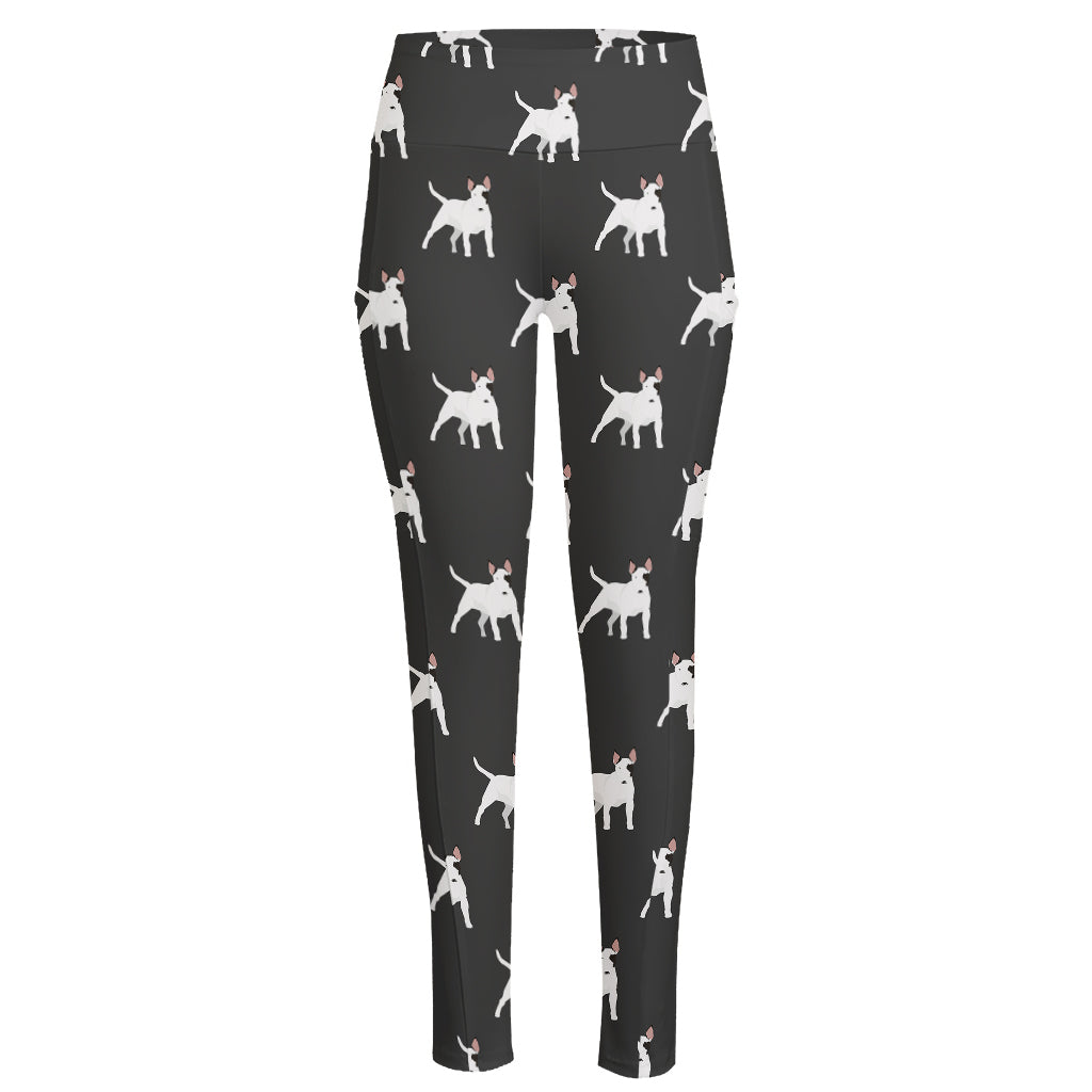 Black Bull Terrier Pattern Print High-Waisted Pocket Leggings