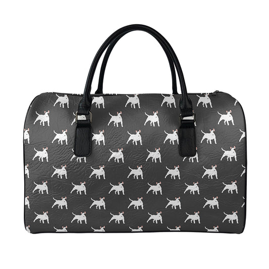 Black Bull Terrier Pattern Print Leather Duffle Bag