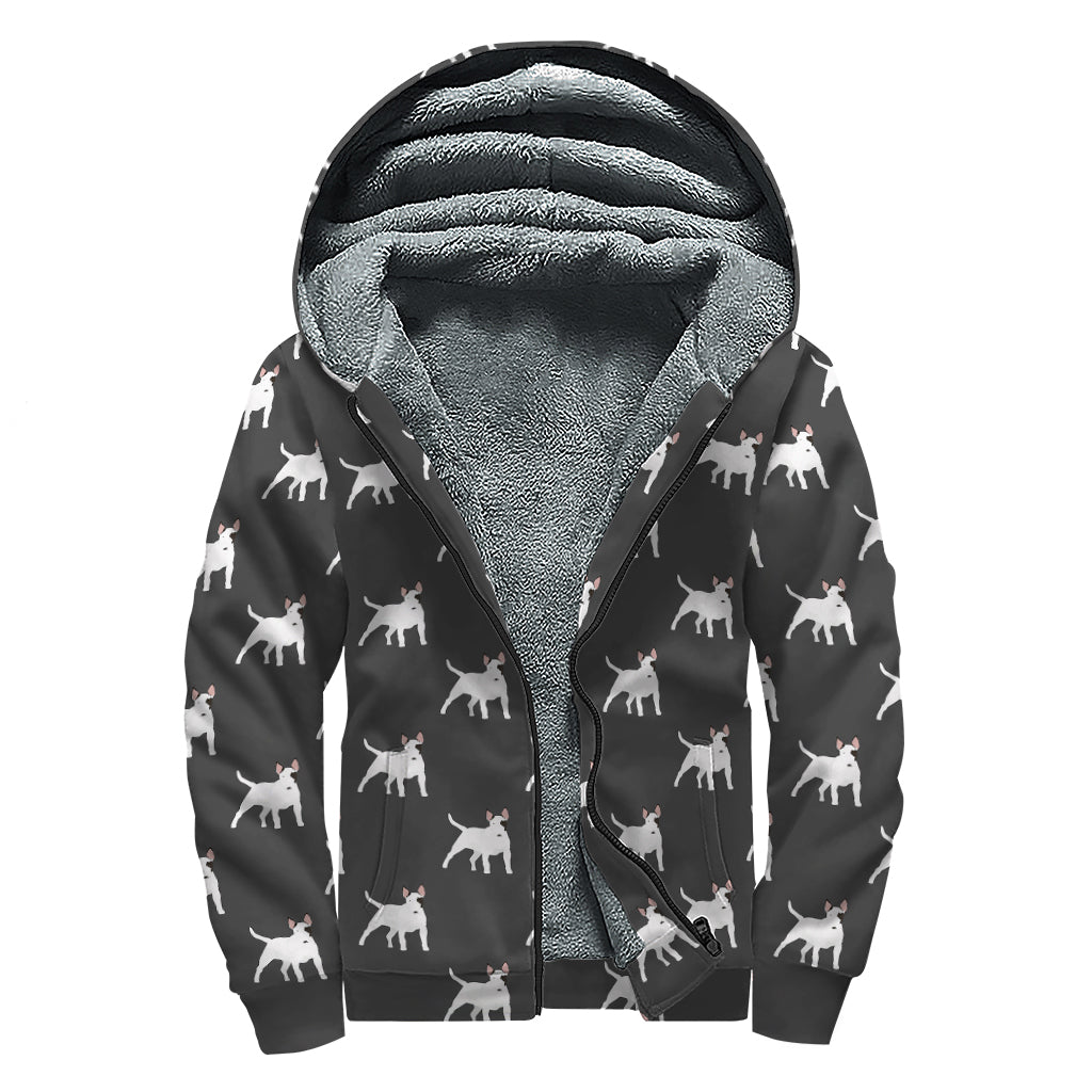 Black Bull Terrier Pattern Print Sherpa Lined Zip Up Hoodie