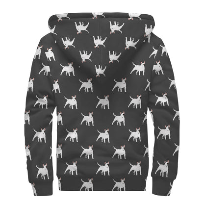 Black Bull Terrier Pattern Print Sherpa Lined Zip Up Hoodie
