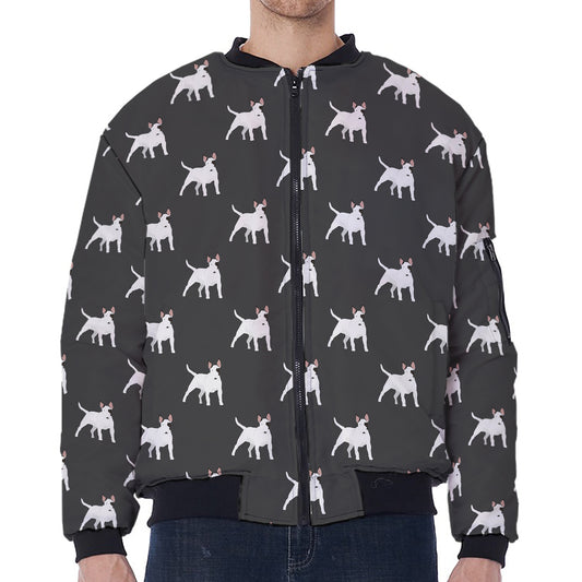 Black Bull Terrier Pattern Print Zip Sleeve Bomber Jacket