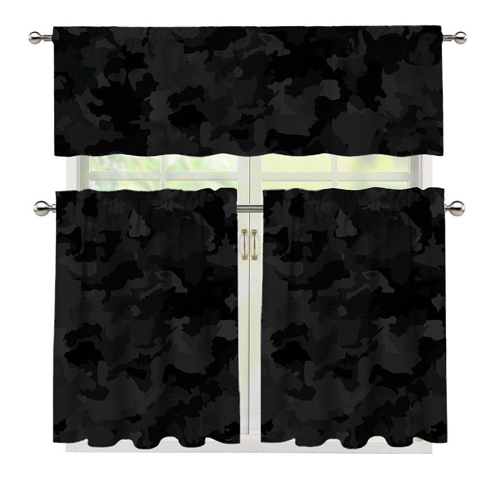Black Camouflage Print 3 Piece Kitchen Curtains