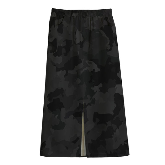 Black Camouflage Print Cotton Front Slit Maxi Skirt