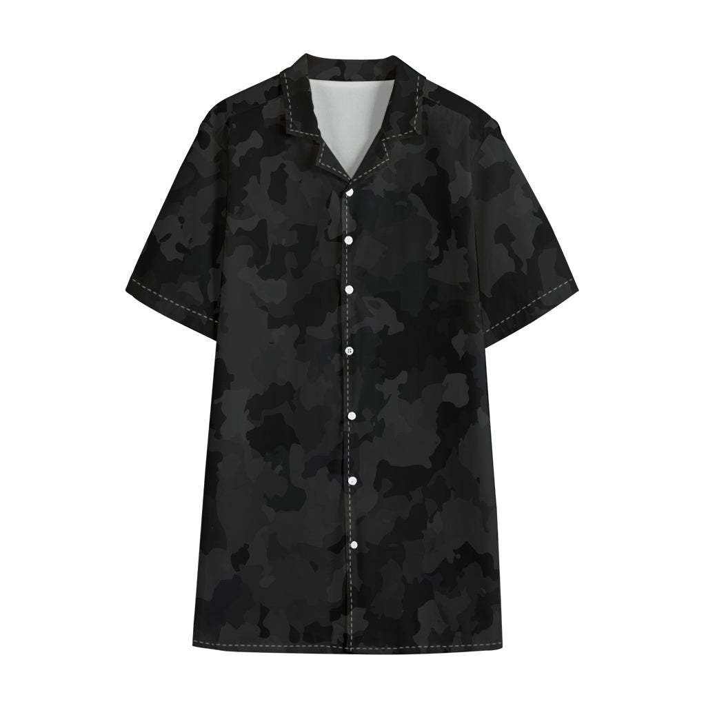Black Camouflage Print Cotton Hawaiian Shirt