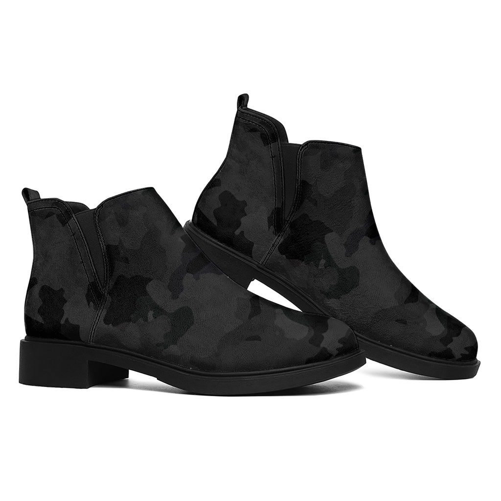 Black Camouflage Print Flat Ankle Boots